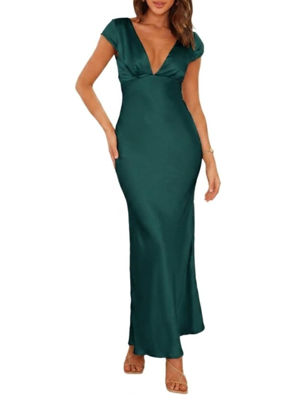 Women's Deep Green Satin V Neck Cap Sleeve Backless Wedding Guest Midi Dresses
